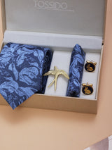Navy Blue Floral Necktie Pocket Square Brooch & Cufflinks Giftset