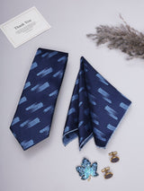 Navy Blue Abstract Necktie Pocket Square Brooch & Cufflinks Giftset