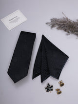 Black Floral Necktie Pocket Square Brooch & Cufflinks Giftset
