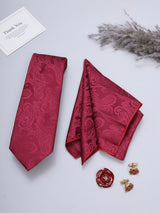 Maroon Paisley Necktie Pocket Square Brooch & Cufflinks Giftset