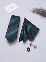 Green & Black Striped Necktie Pocket Square Brooch & Cufflinks Giftset
