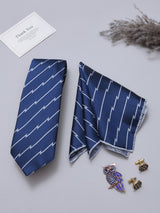 Navy Blue Striped Necktie Pocket Square Brooch & Cufflinks Giftset