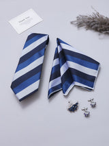 Navy Blue & White Striped Necktie Pocket Square Brooch & Cufflinks Giftset