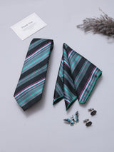 Black & Green Striped Necktie Pocket Square Brooch & Cufflinks Giftset