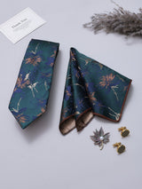Dark Green Floral Necktie Pocket Square Brooch & Cufflinks Giftset