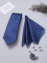 Navy Blue Abstract Necktie Pocket Square Brooch & Cufflinks Giftset