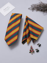 Yellow & Green Striped Necktie Pocket Square Brooch & Cufflinks Giftset