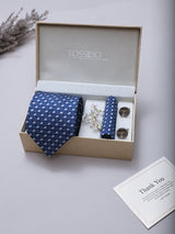 Blue Elephant Necktie Pocket Square Brooch & Cufflinks Giftset