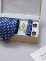Blue Elephant Necktie Pocket Square Brooch & Cufflinks Giftset