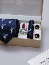 Navy Blue Deer Necktie Pocket Square Brooch & Cufflinks Giftset