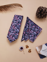 Blue & Pink Floral Necktie Pocket Square Brooch & Cufflinks Giftset
