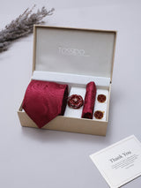 Maroon Paisley Necktie Pocket Square Brooch & Cufflinks Giftset