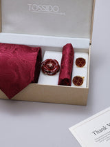 Maroon Paisley Necktie Pocket Square Brooch & Cufflinks Giftset