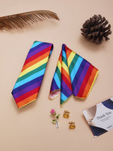 Multicolor Striped Necktie Pocket Square Brooch & Cufflinks Giftset