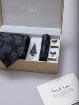 Black & Blue Paisley Necktie Pocket Square Brooch & Cufflinks Giftset