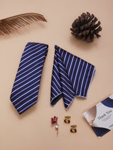 Navy Blue Striped Necktie Pocket Square Brooch & Cufflinks Giftset