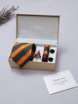 Yellow & Green Striped Necktie Pocket Square Brooch & Cufflinks Giftset