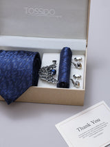 Navy Blue Abstract Necktie Pocket Square Brooch & Cufflinks Giftset