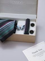 Black & Green Striped Necktie Pocket Square Brooch & Cufflinks Giftset