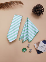 Mint Green Striped Necktie Pocket Square Brooch & Cufflinks Giftset