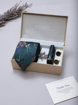 Dark Green Floral Necktie Pocket Square Brooch & Cufflinks Giftset