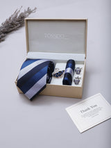 Navy Blue & White Striped Necktie Pocket Square Brooch & Cufflinks Giftset