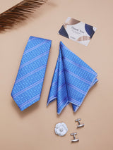 Sky Blue Geometric Striped Necktie Pocket Square Brooch & Cufflinks Giftset