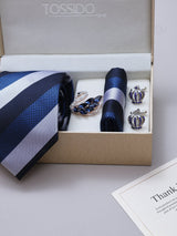 Navy Blue & White Striped Necktie Pocket Square Brooch & Cufflinks Giftset