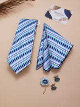 Blue Striped Necktie Pocket Square Brooch & Cufflinks Giftset