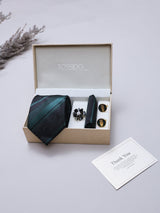 Green & Black Striped Necktie Pocket Square Brooch & Cufflinks Giftset