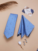 Light Blue Sailboat Necktie Pocket Square Brooch & Cufflinks Giftset