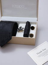 Black Floral Necktie Pocket Square Brooch & Cufflinks Giftset