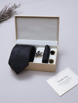Black Floral Necktie Pocket Square Brooch & Cufflinks Giftset