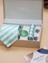 Mint Green Striped Necktie Pocket Square Brooch & Cufflinks Giftset