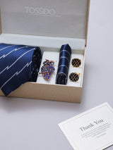 Navy Blue Striped Necktie Pocket Square Brooch & Cufflinks Giftset