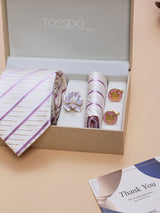 White & Pink Striped Necktie Pocket Square Brooch & Cufflinks Giftset