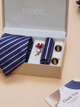 Navy Blue Striped Necktie Pocket Square Brooch & Cufflinks Giftset