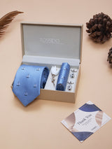 Light Blue Sailboat Necktie Pocket Square Brooch & Cufflinks Giftset