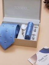 Light Blue Sailboat Necktie Pocket Square Brooch & Cufflinks Giftset