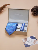Sky Blue Geometric Striped Necktie Pocket Square Brooch & Cufflinks Giftset