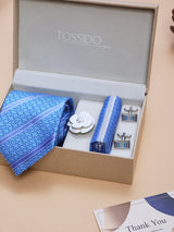 Sky Blue Geometric Striped Necktie Pocket Square Brooch & Cufflinks Giftset