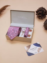 Pink Floral Necktie Pocket Square Brooch & Cufflinks Giftset