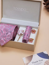 Pink Floral Necktie Pocket Square Brooch & Cufflinks Giftset