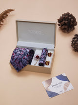 Blue & Pink Floral Necktie Pocket Square Brooch & Cufflinks Giftset