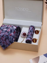 Blue & Pink Floral Necktie Pocket Square Brooch & Cufflinks Giftset