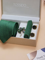 Green Abstract Necktie Pocket Square Brooch & Cufflinks Giftset