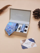 Light Blue Floral Necktie Pocket Square Brooch & Cufflinks Giftset