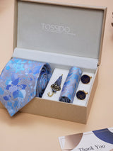 Light Blue Floral Necktie Pocket Square Brooch & Cufflinks Giftset