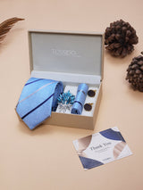 Sky Blue Striped Necktie Pocket Square Brooch & Cufflinks Giftset
