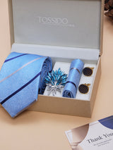 Sky Blue Striped Necktie Pocket Square Brooch & Cufflinks Giftset